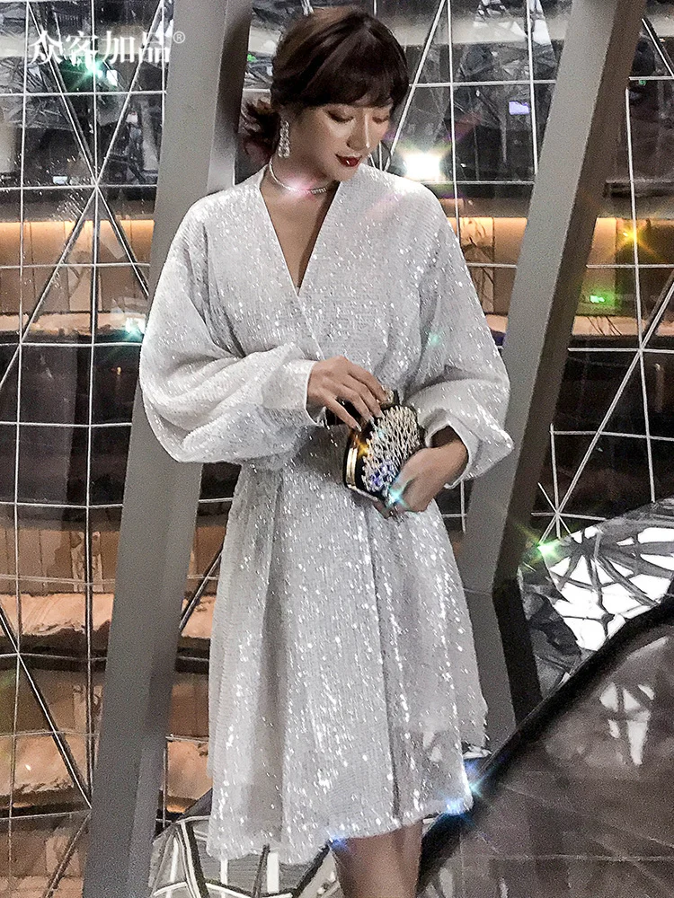 

Платье женское средней длины с блестками, приталенное белое платье принцессы с высокой талией, рукавами-фонариками и V-образным вырезом, нов...