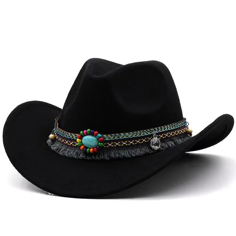 

2023 New Wide Brim Wool Felt Cowboy Fedora Caps for Women Men Warped Eaves Top Hat Ethnic Style Western Cowboy Hat Jazz кепка