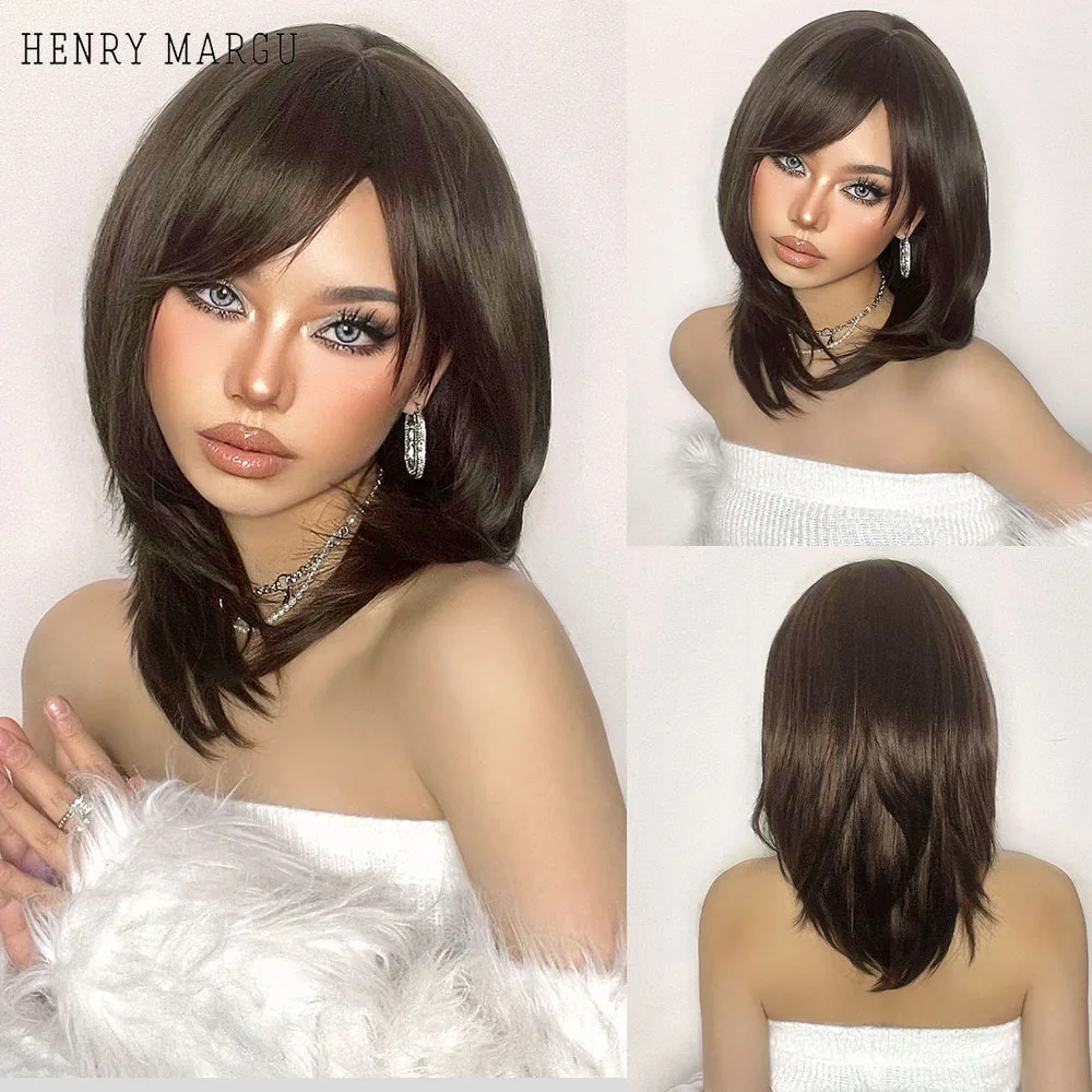 

HENRY MARGU Dark Brown Black Synthetic Wigs Layered Straight Natural Hair Wig for Women Daily Cosplay Party Heat Resistant Wigs