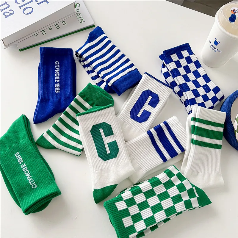 

Net Red Trend Letter Big C Socks women's Spring and Summer New Ins Checkerboard Mid-tube Blue-green Striped