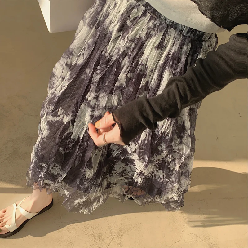 

Весна-лето 2022, новый дизайн, плиссированная сетчатая юбка средней длины, окрашенная чернилами