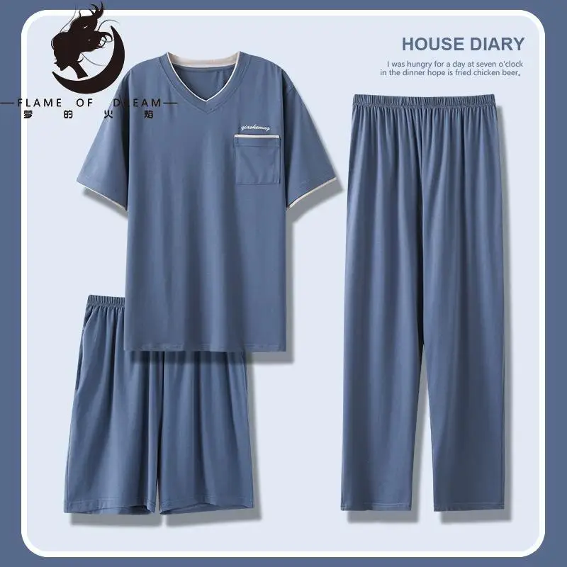 Flame of dreamThree Piece Pajamas Men's Modal Short Sleeve Pants  Plus Size Men's Cotton Spring Summer Home Clothes 221403