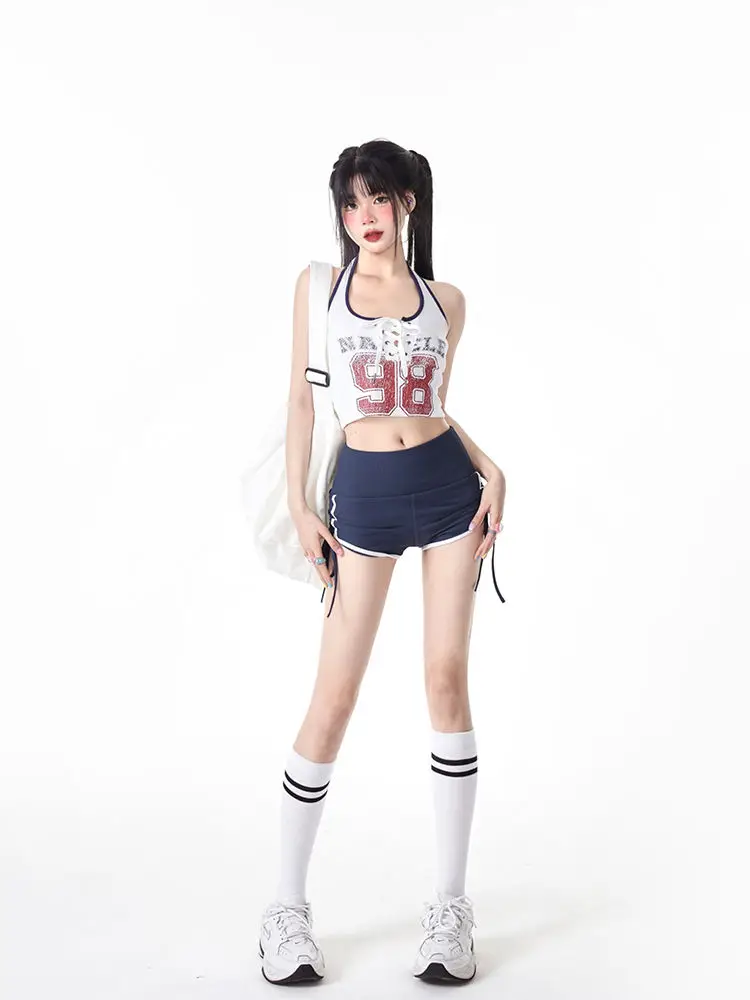 

STSVZORR Summer Women's Shorts Set Vintage Sports Style Short Lace Up Tank Top+Shorts 2 Piece Set