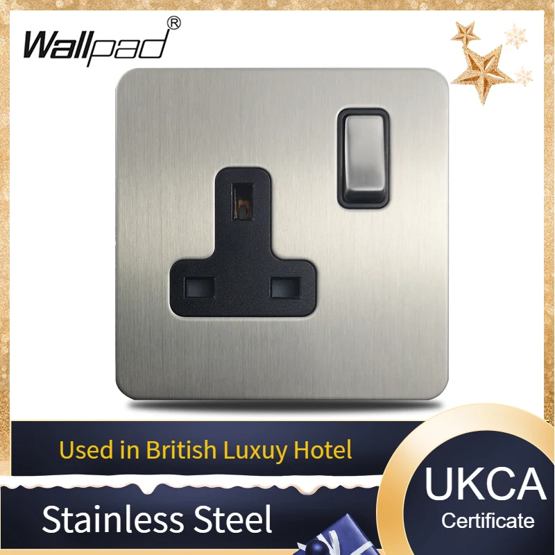 

H6 UK DP Double Pole 13A Wall Power Socket Electric Outlet Brushed Silver Stainless Steel Panel BS1363