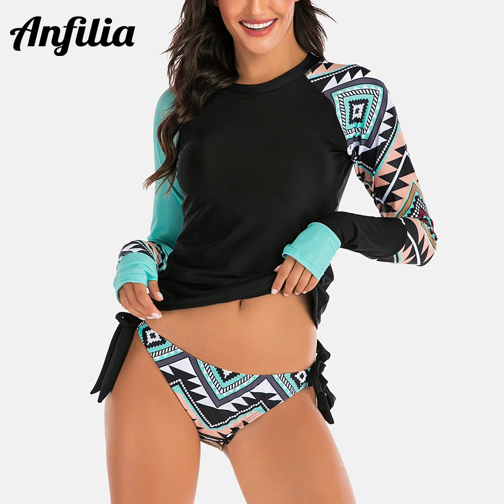 

Anfilia Women Split Two Piece Rash Guard Set Surf Suit Quick Dry Sun Suit Long Sleeve Striped Swimsuit Wetsuit Suit