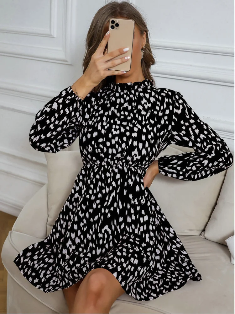 

Hot sale Winter Print Dress Slim Waist Elastic Waist Princess Dress Autumn Allover Print Frill Trim Long Lantern Sleeve Dress