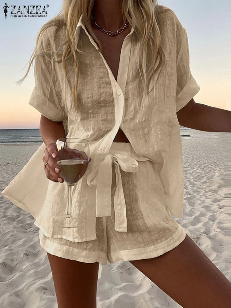

Fashion Shirt and Short Outfit ZANZEA Women Street 2 pcs Belted Short Sets Holiday Thin Solid Matching Suit Casual Loose Twinset