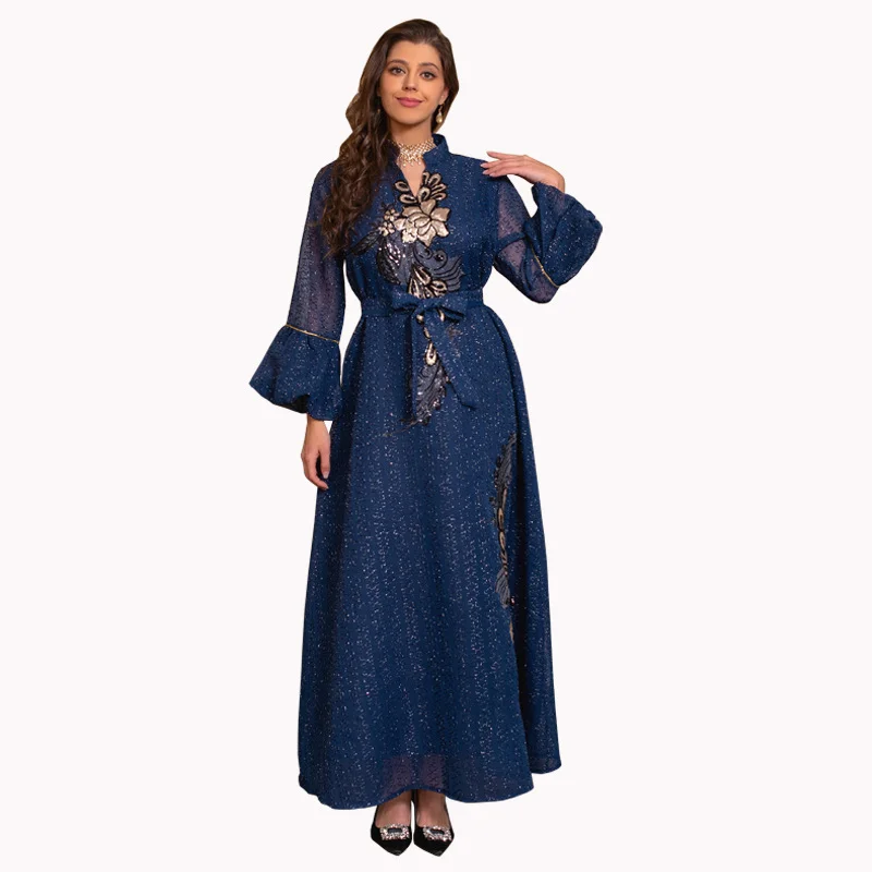 Elegant Women's Dresses for Party 2023 Fashion Muslim Mesh Sequin Embroider Evening Dress Dubai Moroccan Caftan Petal Sleeve Eid