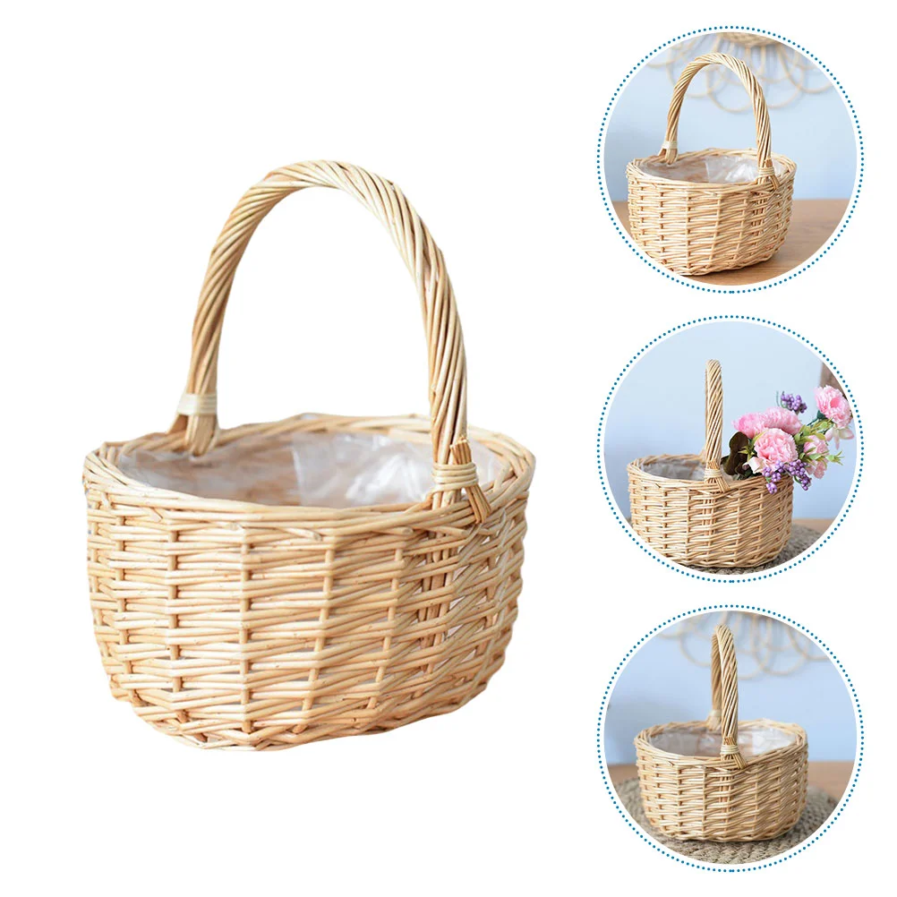 

Basket Flower Woven Picnic Baskets Rattan Egg Wicker Easter Storage Willow Handle Holder Gift Handwoven Fruit Bread Girl Serving