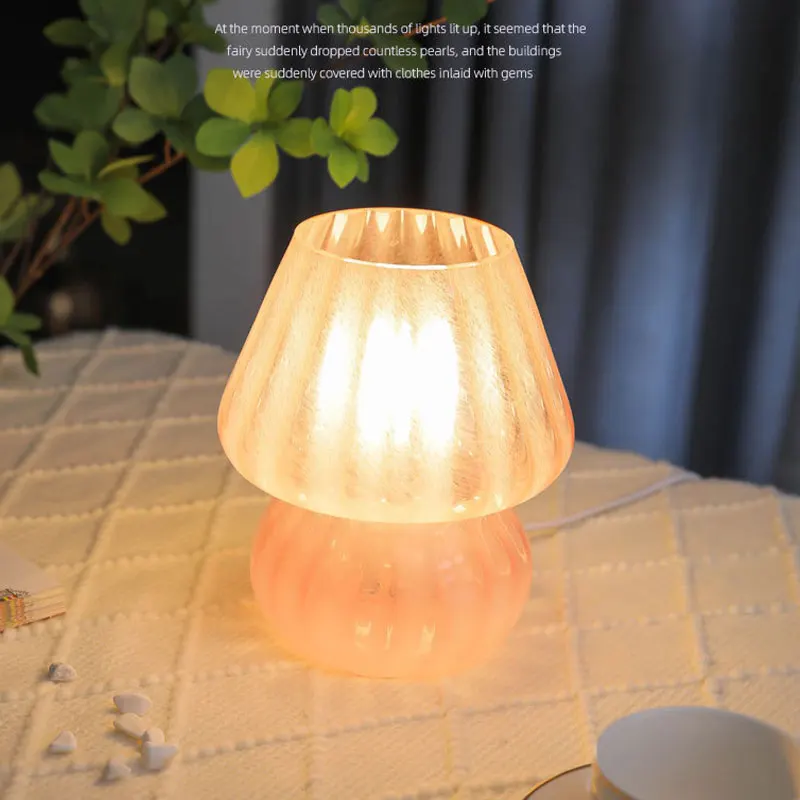 

Korea Style Mushroom Table Lamp Modern Striped Glass Desk Lamps Study Bedside Living Room Light Fixtures Nightstand Bedroom Lamp