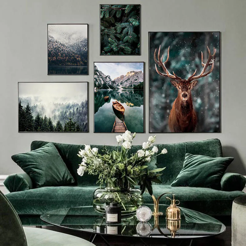 

Nordic Snow Landscape Poster Deer Forest Lake Boat Christmas Leaves Mountain Snow Prints Painting Nature Picture Decor