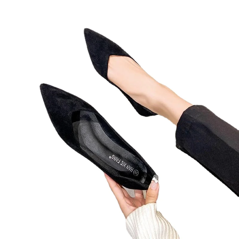 Women's 2023 Spring Autumn Flat Flock Shoes Shallow Mouth Black Work Shoes Pointed Fashion Elegant Soft Sole Flat Shoes