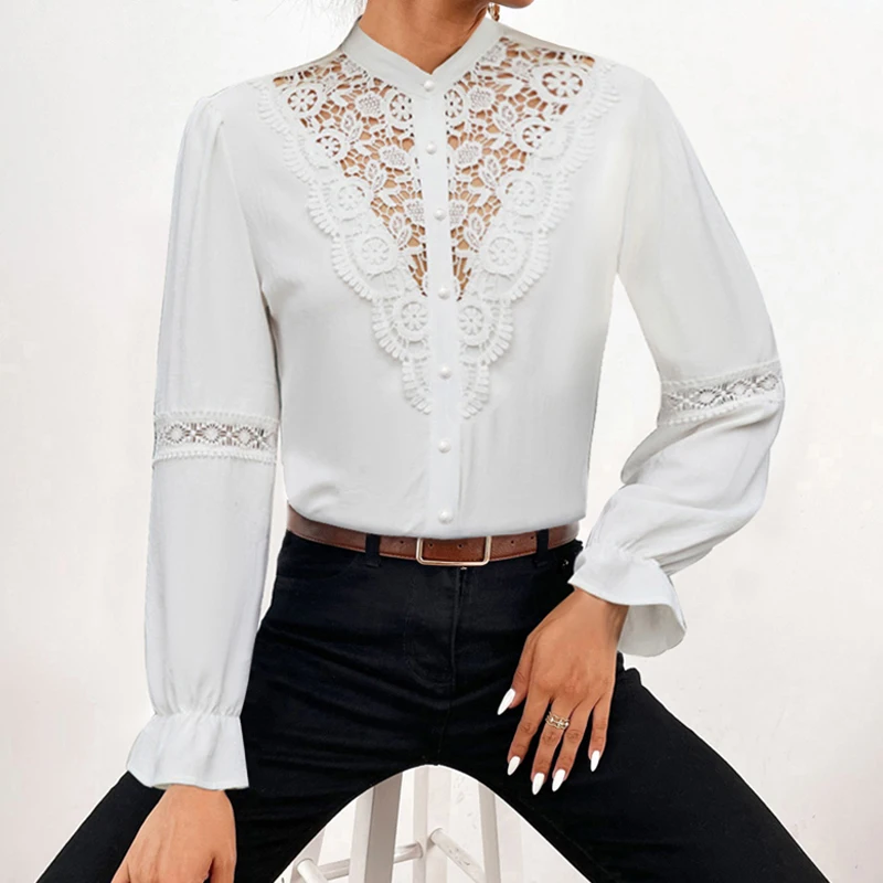 

Stand Collar Long Sleeve Lace Blouse Spring Autumn Hollow Loose Fashion Shirts Women Elegant White Top Mujer Floral Female 24497