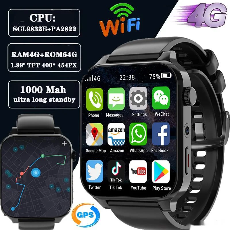 

2023 4G Call Smart Watch RAM 4GB ROM 64GB 1.99 Inch GPS Wifi SIM Dual Camera Heartrate Testing Waterproof Sports Men Smartwatch