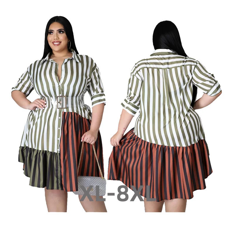 Plus Size Clothing for Women Dress Wholesale Fashion Streetwear Patchwork Striped Office Lady Shirts Midi Dre 3xl 4xl 5xl 6xl