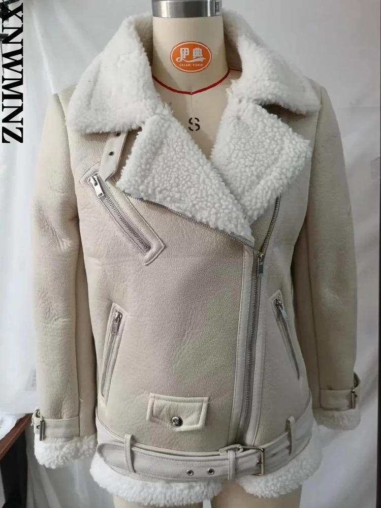 XNWMNZ 2022 women winter fur motorcycle retro belted riding women's coat long-sleeved lapel thick warm black zipper female coat
