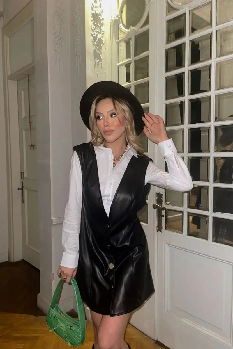 

Black front buttoned leather sloppy dress Ey423