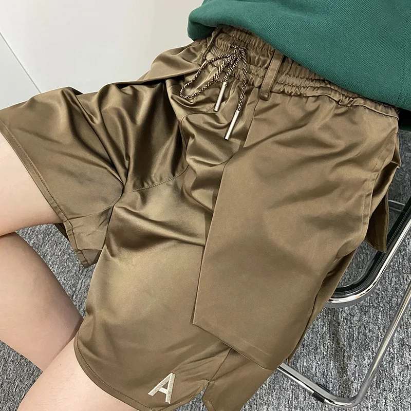 

Tide brand satin A letter embroidered high street brown shorts for men and women