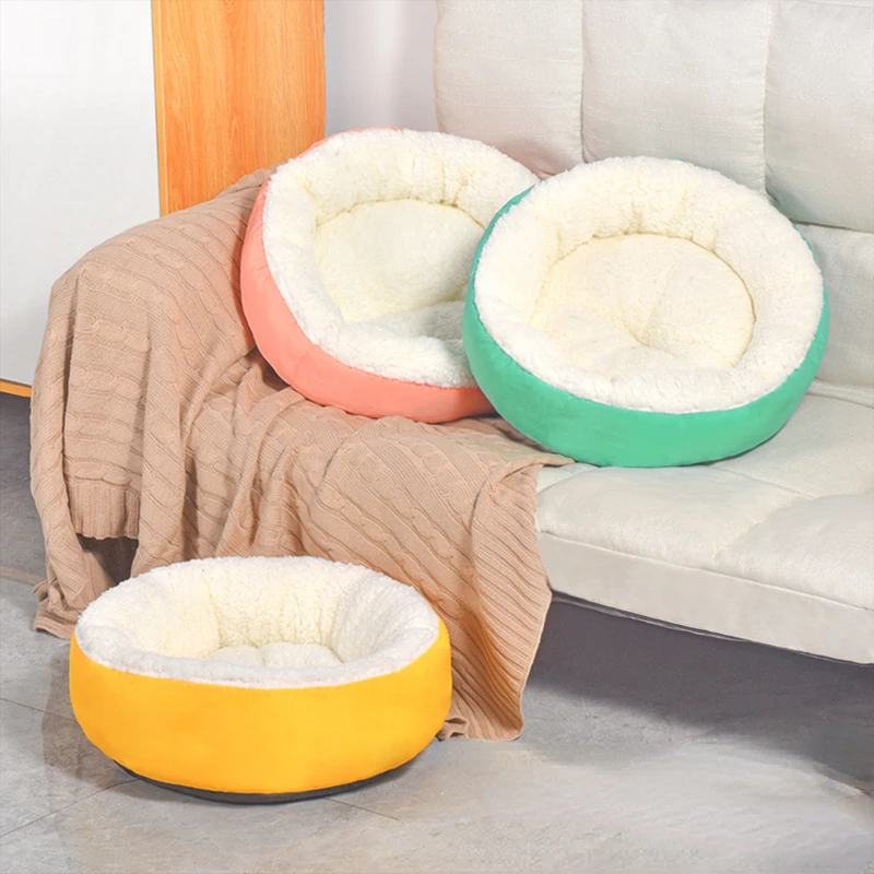 

Lamb Plush Round Cat House Winter Warm Comfortable Cat Nest Puppy Kennels Dog Sofa Kitten Beds Pet Sleeping Supplies Accessories