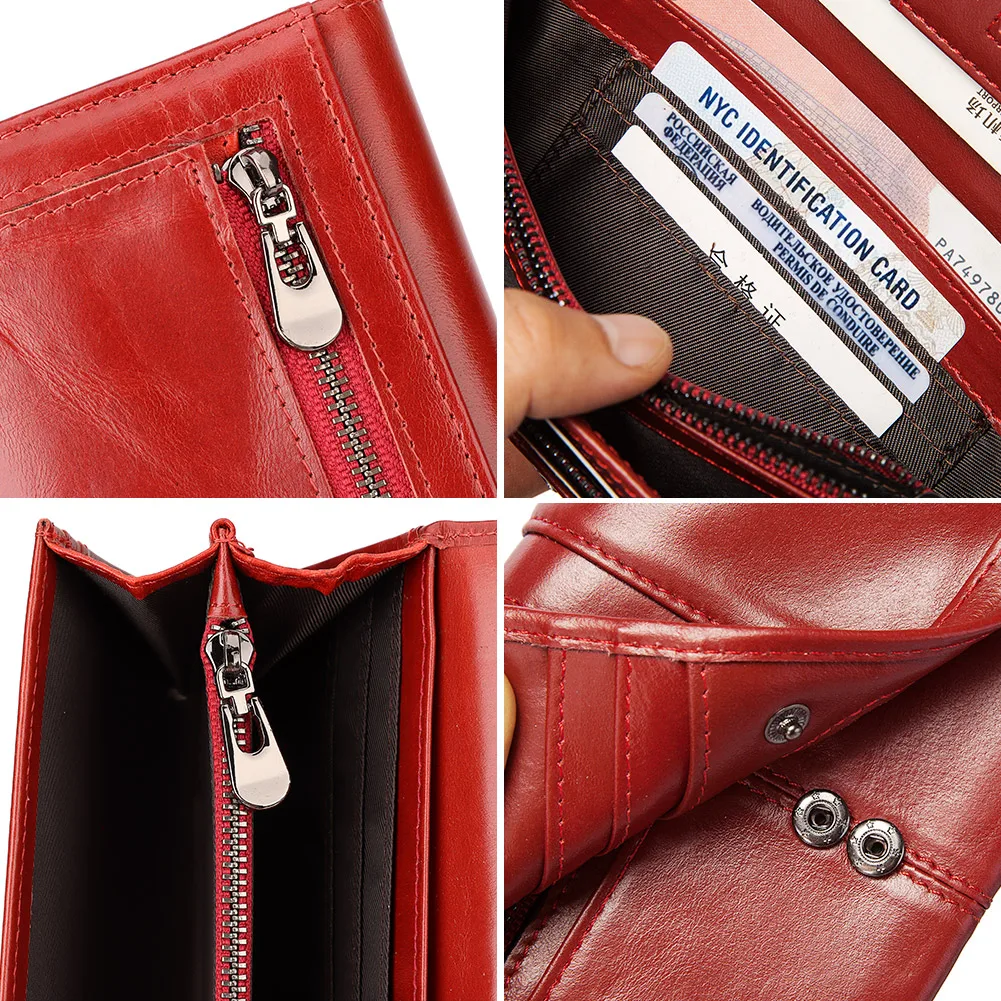 Fashion Wallet for Women Genuine Leather Long Purse Zipper Coin Pocket RFID Card Holder Female Handy Purse with Cell Phone Bag