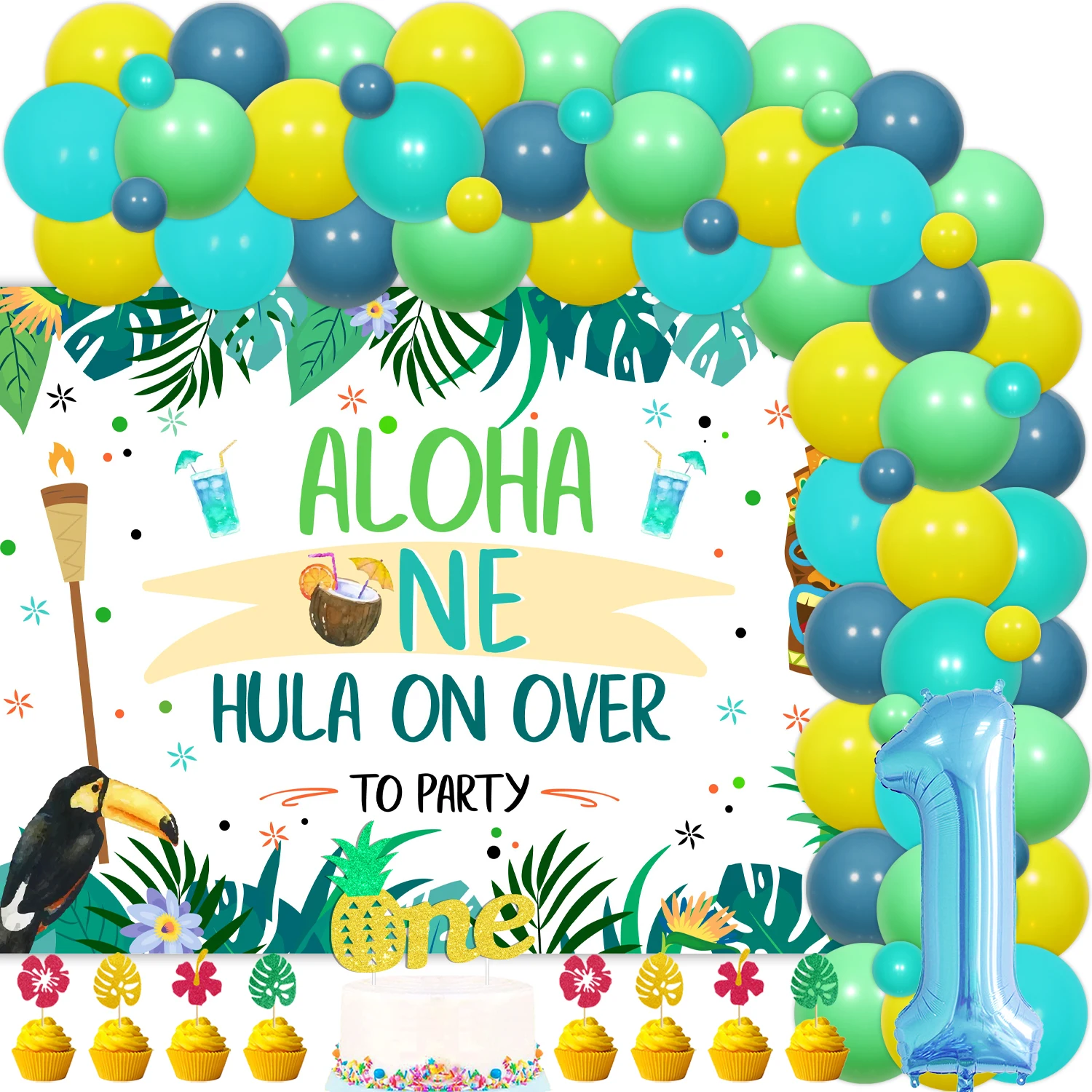 

Hawaiian Green 1st Birthday Party Decorations Balloon Arch Kit Aloha ONE Hula Backdrop Cake Toppers for Summer Beach 1 Year Boy