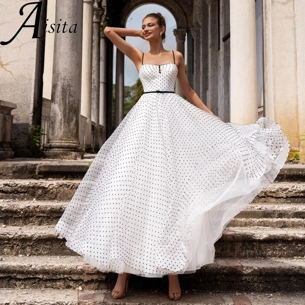 Купи Unique A Line Strapless Wedding Dresses Polka Dots Spaghetti Straps Bridal Gown Backless Ankle Length Vestidos De Novia за 5,580 рублей в магазине AliExpress