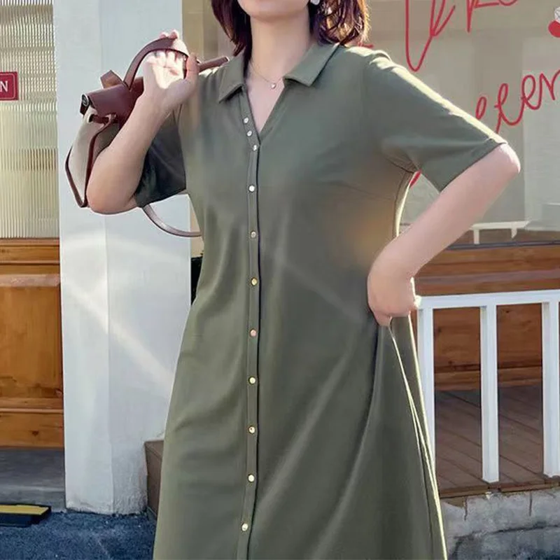 Summer Clothes for Women Turn-down Collar Solid Color Splicing Button Short Sleeve Casual Plus Size A-line Knitted Midi Dress