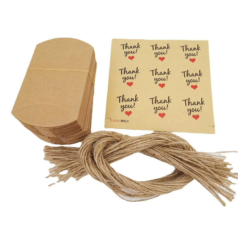 Mini Pillow Favor Box Party Favor Candy Box Vintage Kraft Paper Bags with Thank you Sticker and Twine for Wedding Party Decor
