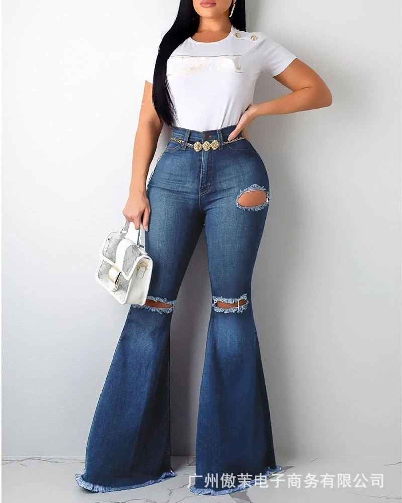 

Denim pants 2021 women's autumn sexy fashion all-match ripped elastic skinny denim flared pants Women's jeans