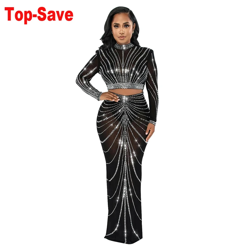 

Fashion Women Set Mesh Diamond Two Piece Set For Women See Through High Waisted Long Skirt 2 Piece Sets Women Outfits Bodycon