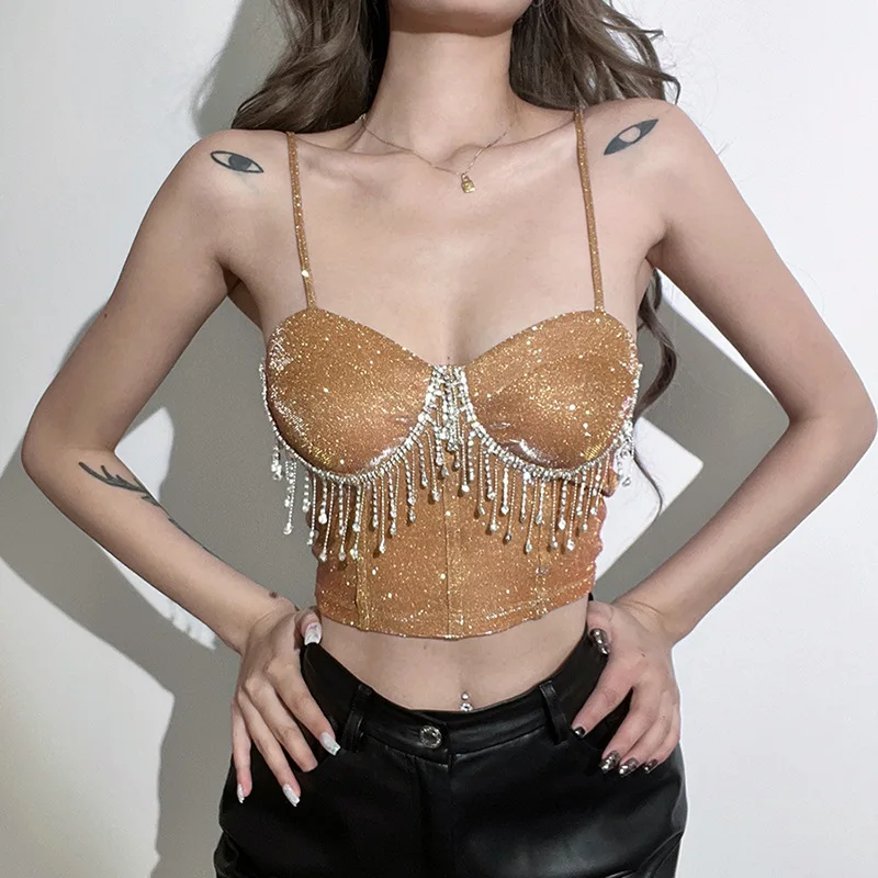 The new spring/summer 2022 women's harness led a word diamond tassel sexy small vest female midriff cultivate one's morality