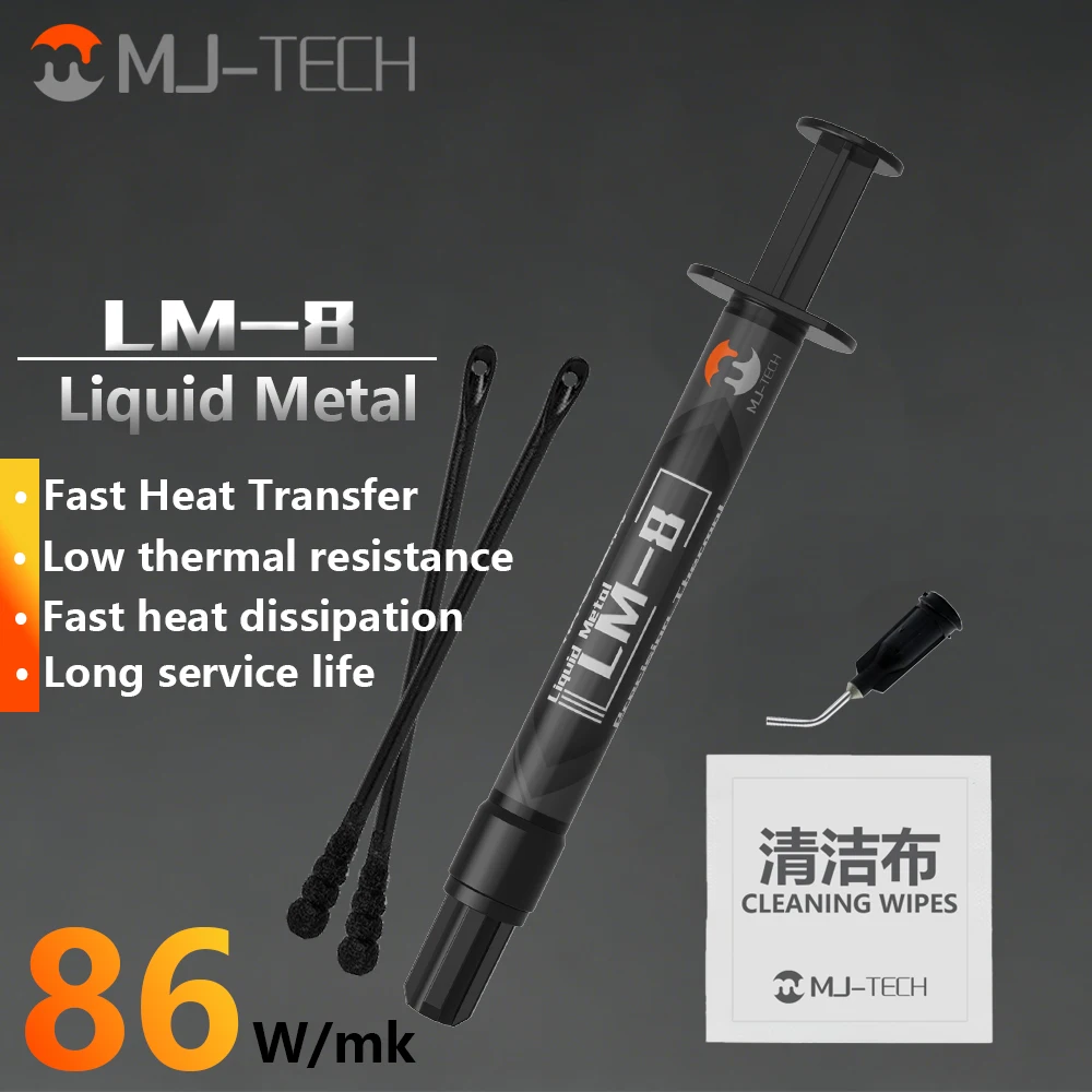 Фото Термопаста MJ-TECH LM-8 Liquid Metal, проводящая электричество, для PS5, ноутбуков, процессоров, видеокарт, высокопроизводительная термосмазка. №1