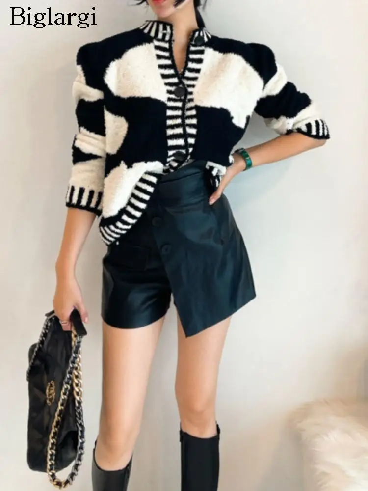 

Knitted Autumn Sweater Coat Women Korean Modis Striped Print Ladies Cropped Cardigans Casual Loose Long Sleeve Woman Coat 2023
