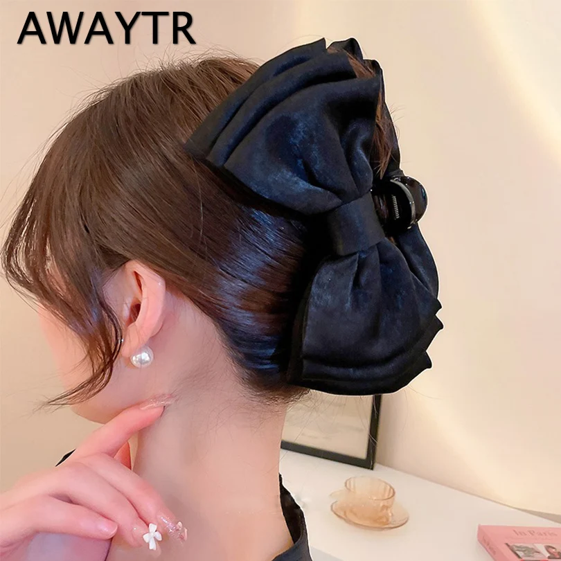 

AWAYTR New Big Bowknot Hair Claw For Women Girls Black Pleated Crab Hair Clips Barrettes Hairpin Korean Hair Accessories