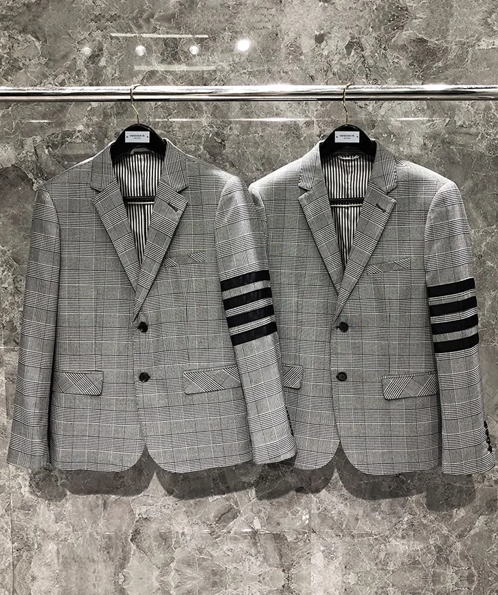 

TB classic slim suit men and women couples suit jacket long-sleeved black four-bar plaid white-collar casual business wear