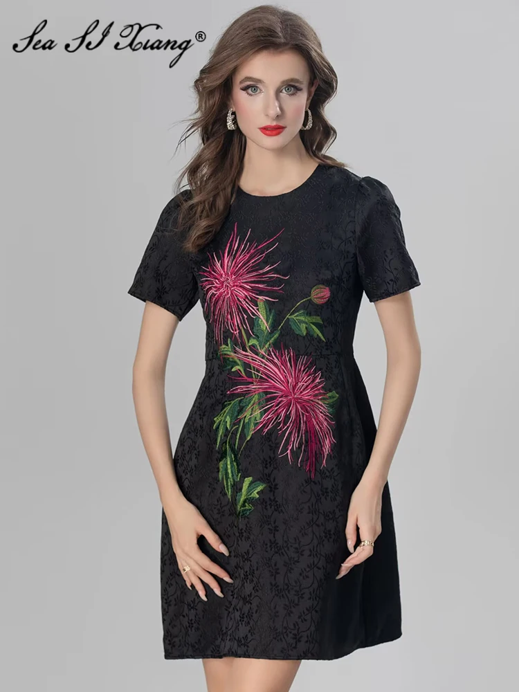 Seasixiang платье с цветочной вышивкой для женщин круглым вырезом и коротким рукавом
