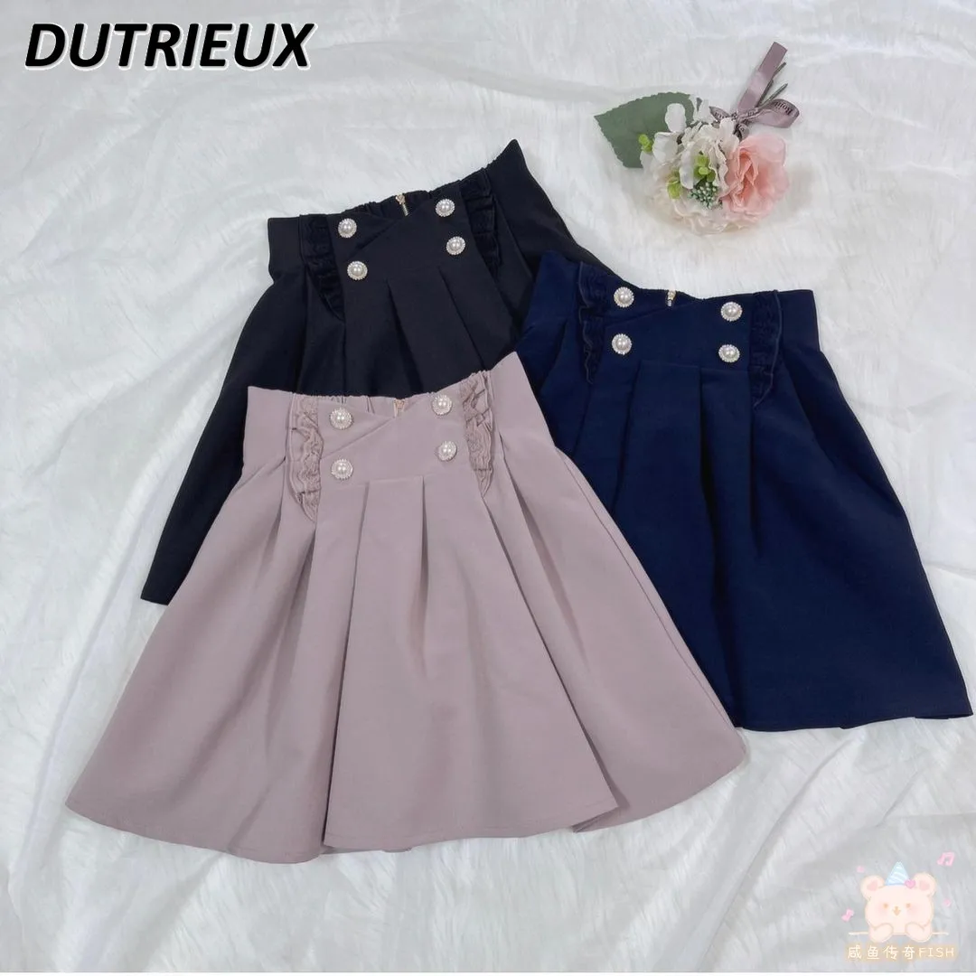 

Japanese Single Lolita Lotus Leaf Short Skirts Women Hepburn Black Skirt Preppy Style 2023 Spring Summer New Pleated Mini Skirt