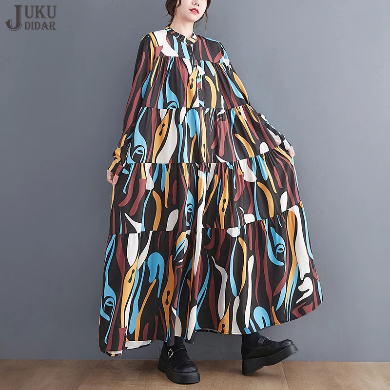 

Женское платье-макси с длинным рукавом, повседневное свободное платье большого размера с разноцветным принтом, модель JJXD248 в Корейском стиле на осень