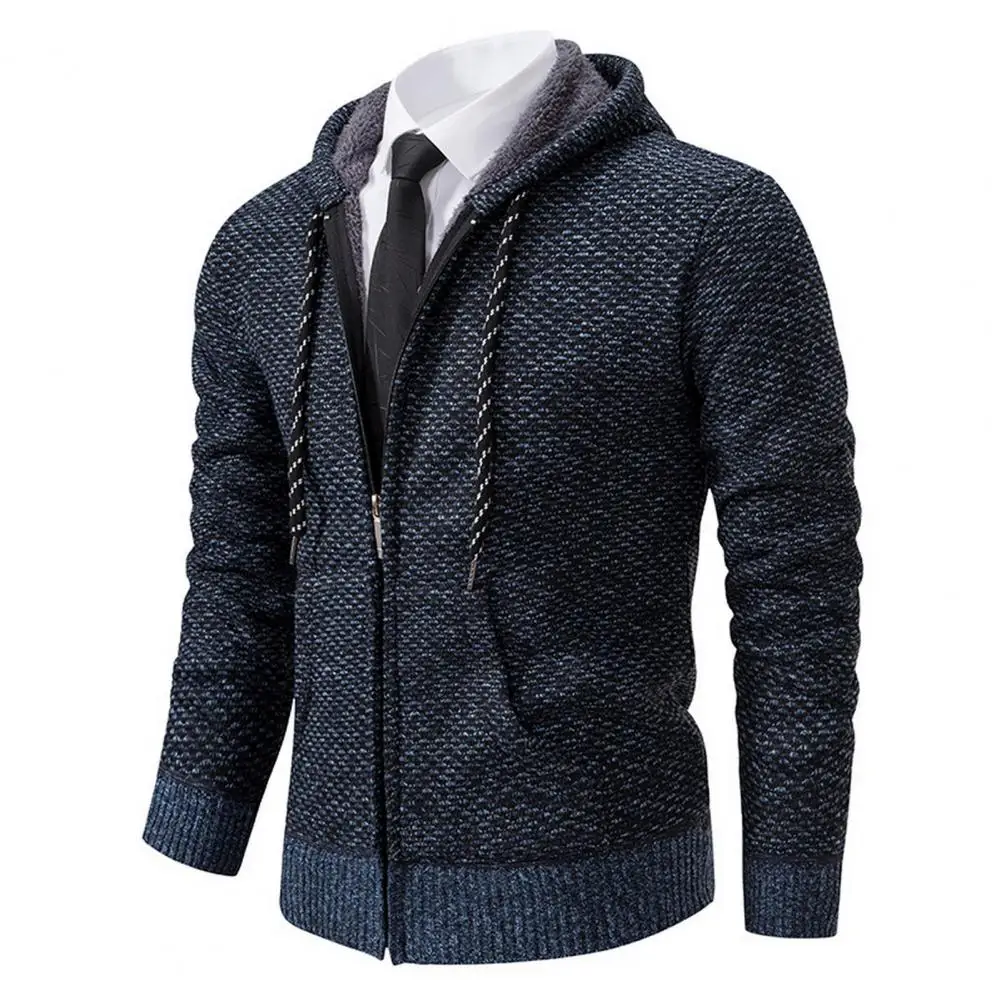 

Warm Men Coat Men's Cozy Hooded Cardigans with Plush Lining Zipper Placket Pockets for Casual Autumn Winter Knitwear Men Sweater