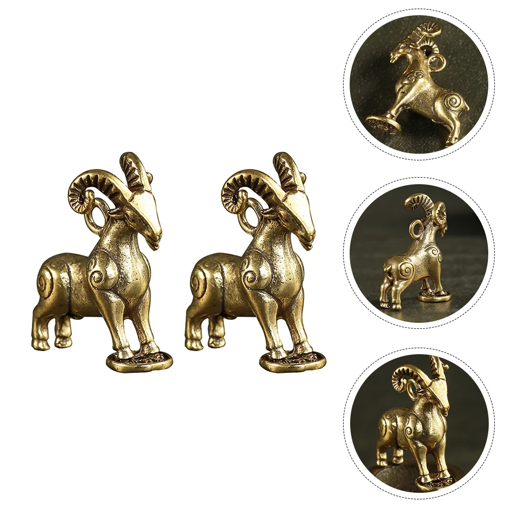 

2pcs Sheep Statue Brass Figurine Car Chinese Zodiac for Wealth Prosperity Protection New Year Gift