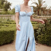2022 new french retro square dress neck bubble sleeve print slim split dress fashionable womens summer party sundress