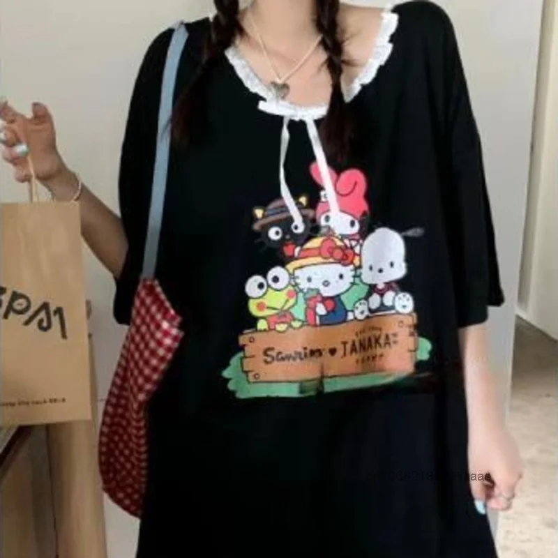 Женская летняя свободная футболка с принтом и кружевными краями