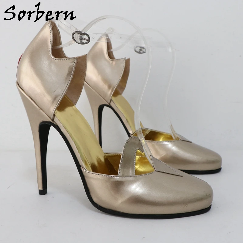 Sorbern Gold Real Leather Women Shoes 14Cm High Heel Round Toe Transparent Ankle Strap Stilettos Pumps Made-To-Order