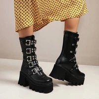 women platform rivet mid calf boots autumn ladies black motorcycle boot female punk cool zip shoes woman footwear plus size