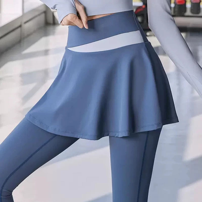 F.DYRAA Fitness Yoga Pants With Skirt Women Fake Two Pieces Sport Legging Gym Push Up Patchwork Crossover High Waist Tight Pants