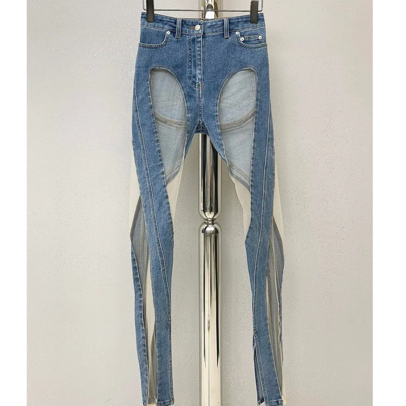 

New Run Way Fashion Women Denim See Throw Sexy Full Length Half Big Hole Jeans Female Pants Slim