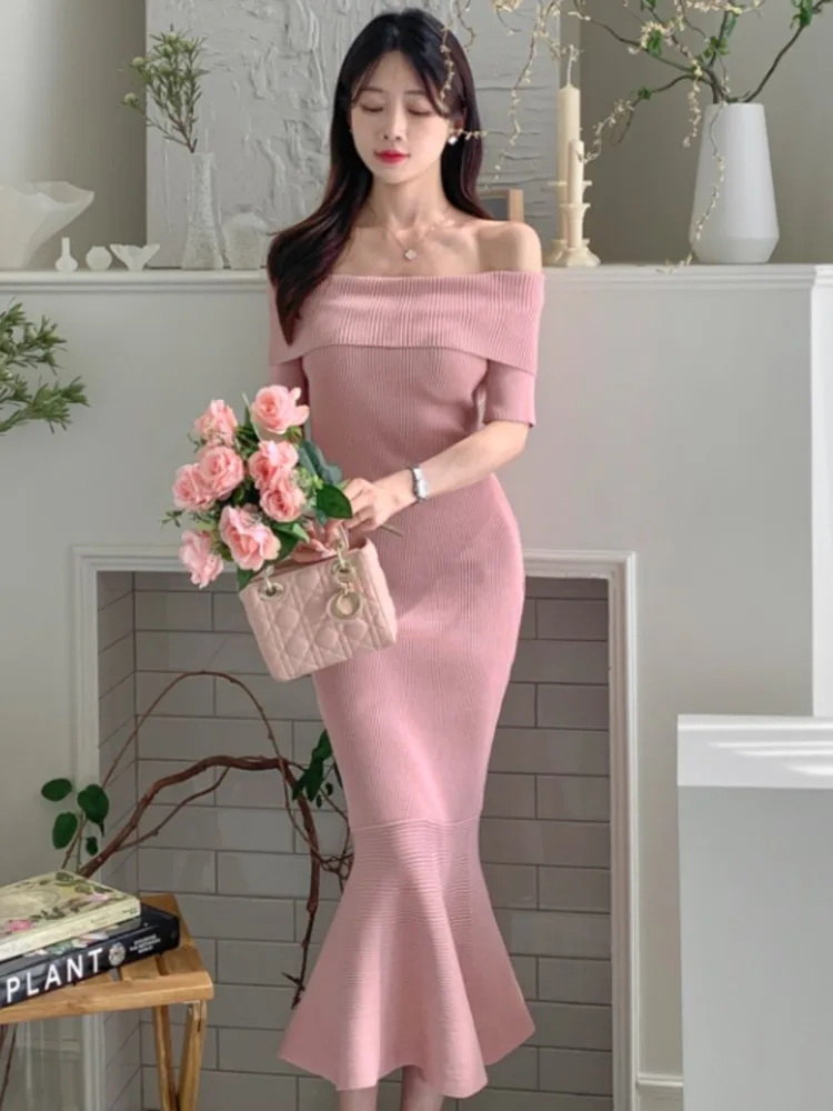 

Elegant Women's Off Shouler Midi Dress Summer French Style Slim Vestidos Mermaid Dresses Female Vintage Knitted Solid New Robe