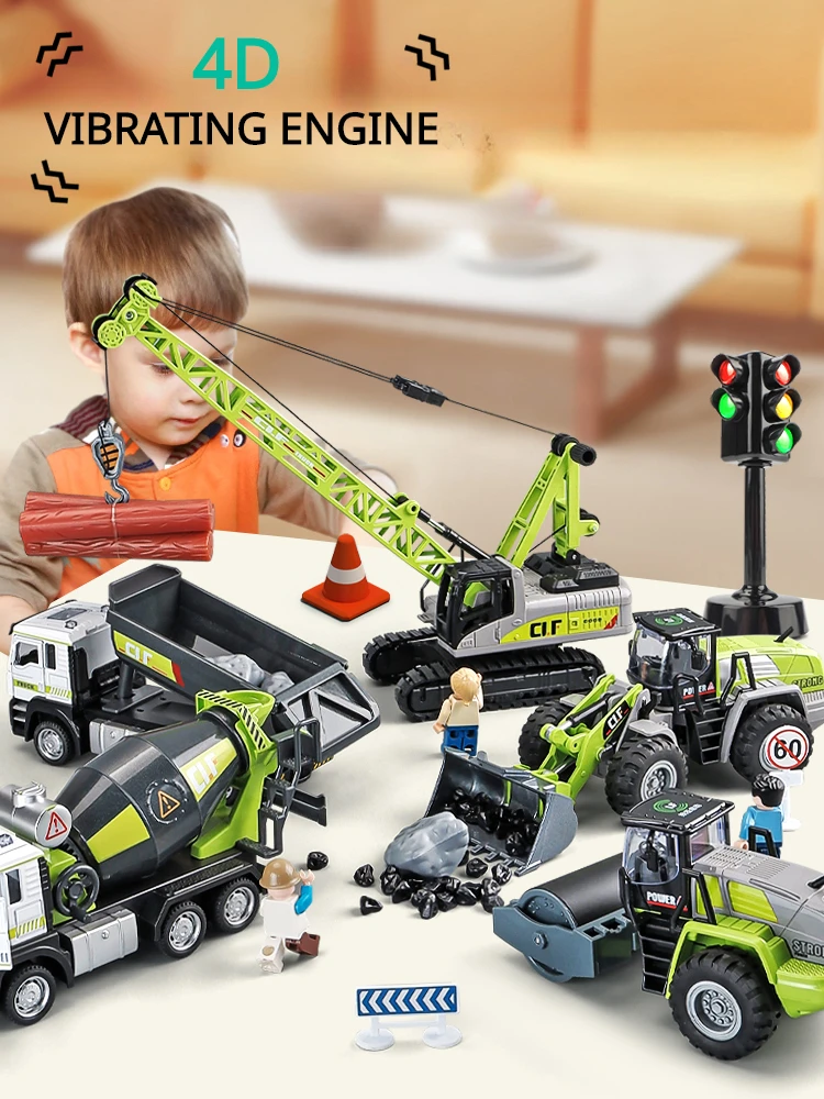 

1/50 Alloy Engineering Diecast Set Sound Light Diecasts Toy Vehicles for Kids Boys Birthday Gift Excavater Crane Bulldozer Model