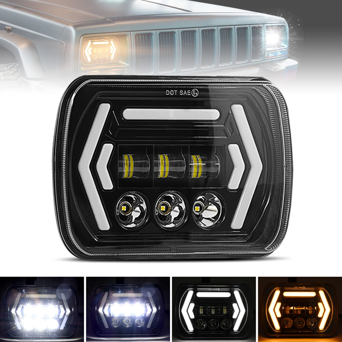 

7x6 5x7 Inch Square LED Headlight DRL Hi/Lo Beam 50W 30W Halo Ring Amber Angel Eye for 4WD ATV SUV UTV Truck 4x4 Off road Tracto
