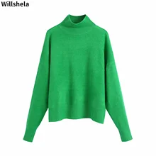 Willshela Women Fashion Solid Knit Sweater Top Long Sleeves High Neck Vintage Female Knitted Sweaters Pullover Chic Tops
